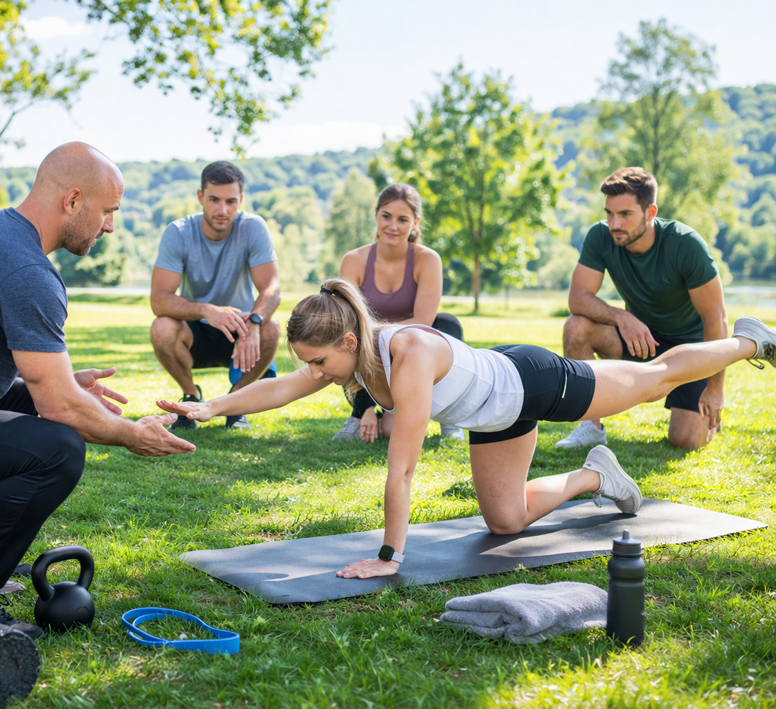 Gruppe mit Trainer Michael G. Leitner von LEBEGUT Mind & Body in einer Outdoor Trainingseinheit