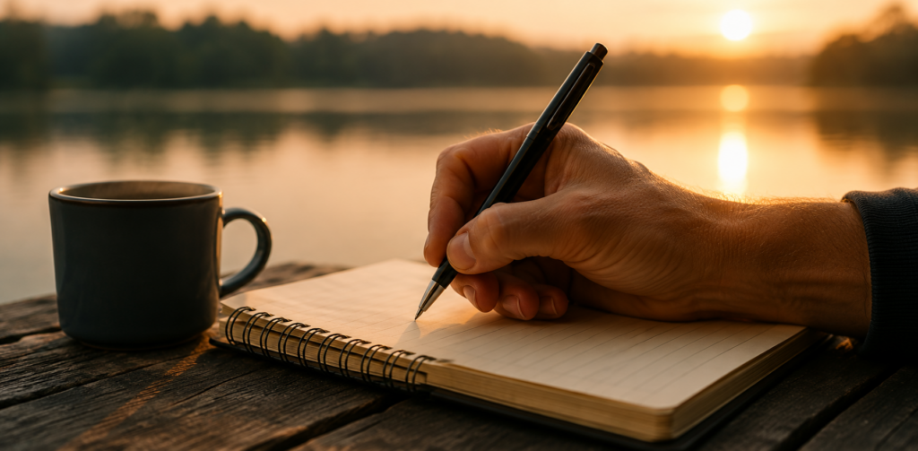 Eine Person schreibt Gedanken in ein Notizbuch am See auf. Gedanken aufzuschreiben kann helfen, Grübeln zu reduzieren und mentale Entlastung zu schaffen.