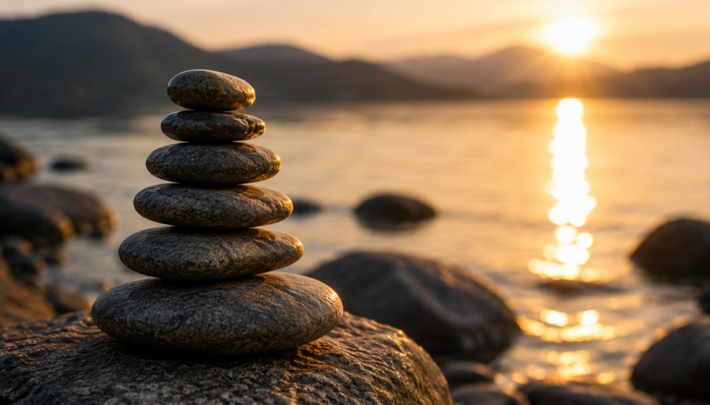 Steinturm am See bei Sonnenuntergang als Symbol für innere Ruhe, mentale Balance und emotionale Stabilität.