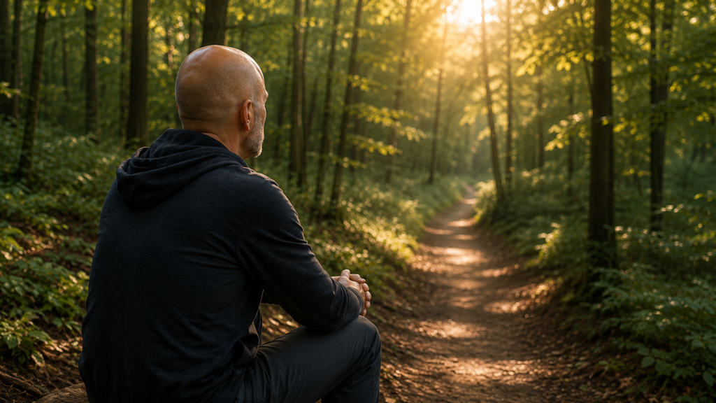 Mentalcoach sitzt nachdenklich an einem Waldweg und blickt in die Natur – Symbol für mentale Selbstführung und innere Ruhe.