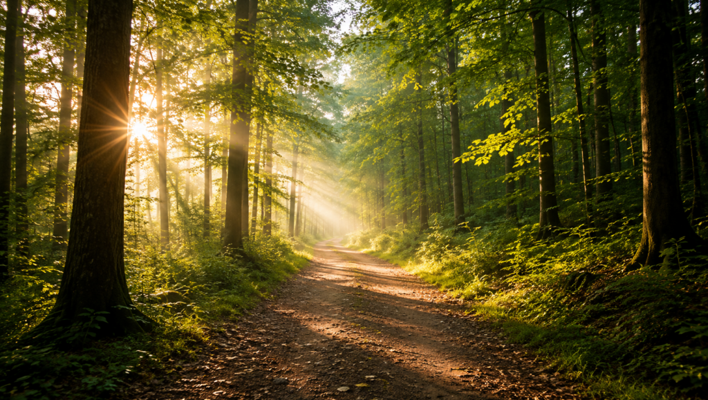 Sonnenstrahlen fallen auf einen ruhigen Waldweg. Die Natur unterstützt Achtsamkeit, innere Ruhe und hilft dabei, das Gedankenkarussell zu unterbrechen.